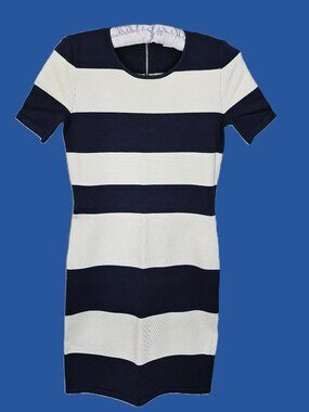 BOSTON PROPER NAVY & WHITE STRIPED KNIT SHORT SLEEVED DRESS W/  ZIPPER SZ XXS